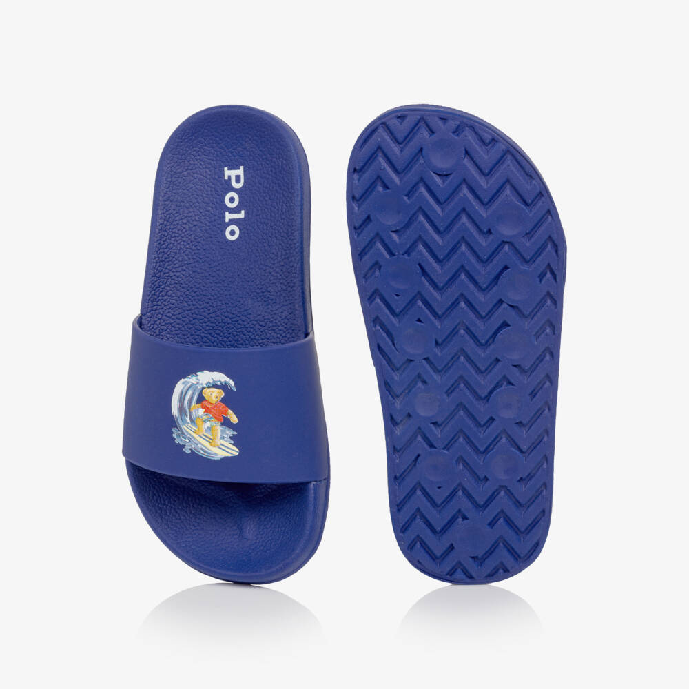 Ralph Lauren-Boys Blue Surfing Polo Bear Sliders | Childrensalon