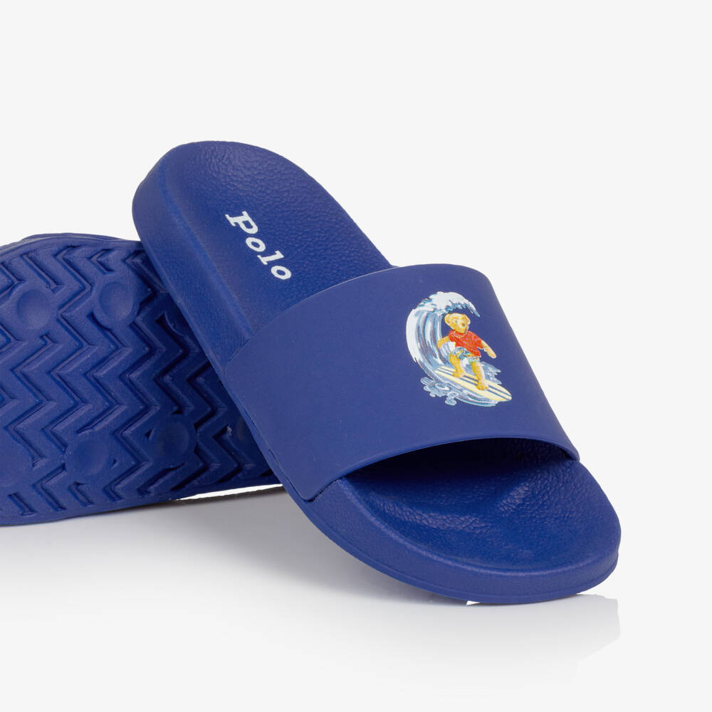 Ralph Lauren-Boys Blue Surfing Polo Bear Sliders | Childrensalon