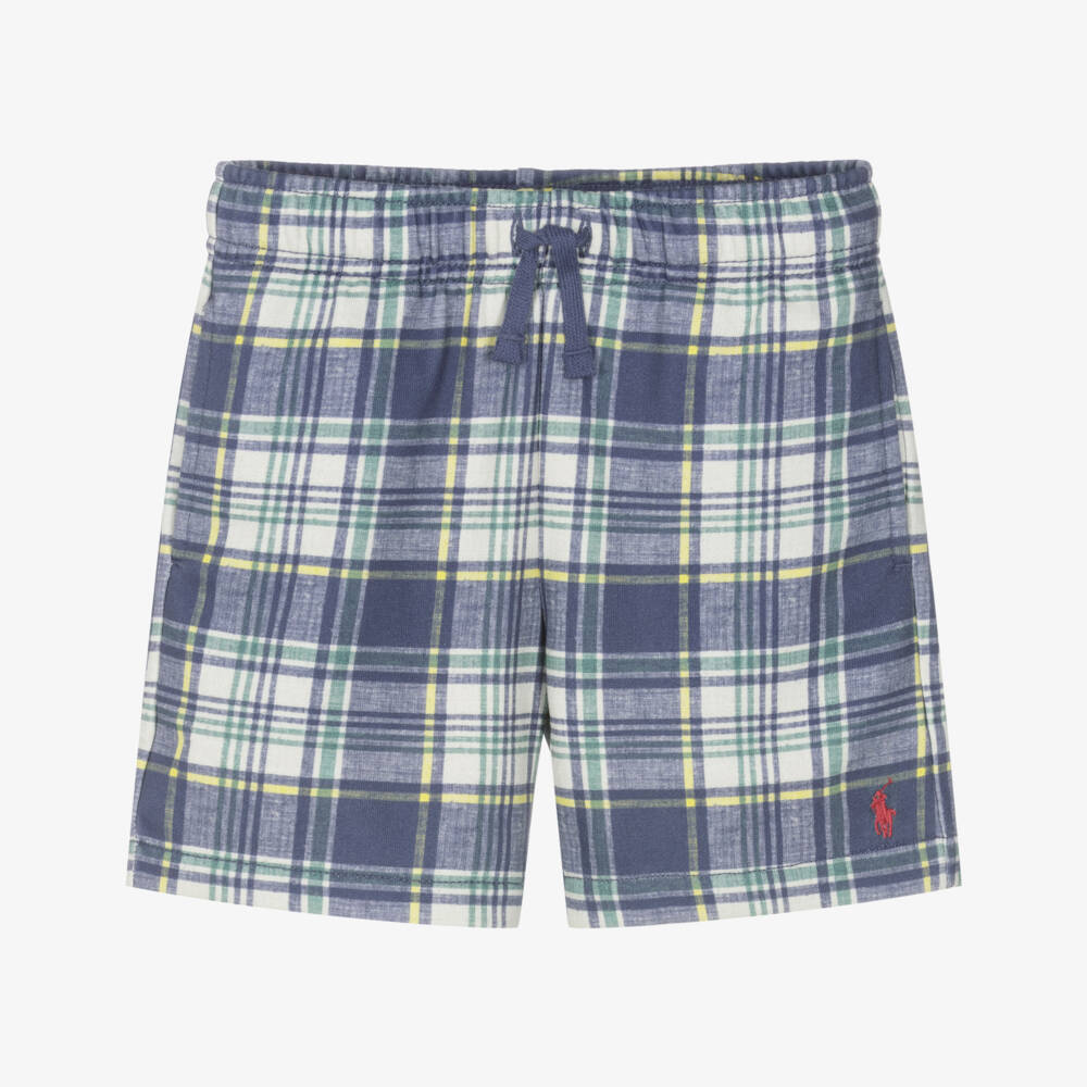 Ralph Lauren-Boys Blue Tartan Jersey Shorts with Pony Logo | Childrensalon