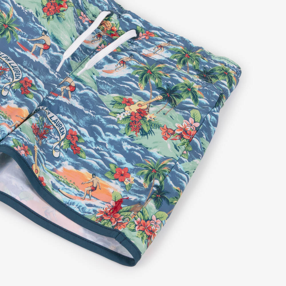 Ralph Lauren-Boys Blue Tropical Surf Print Swim Shorts | Childrensalon