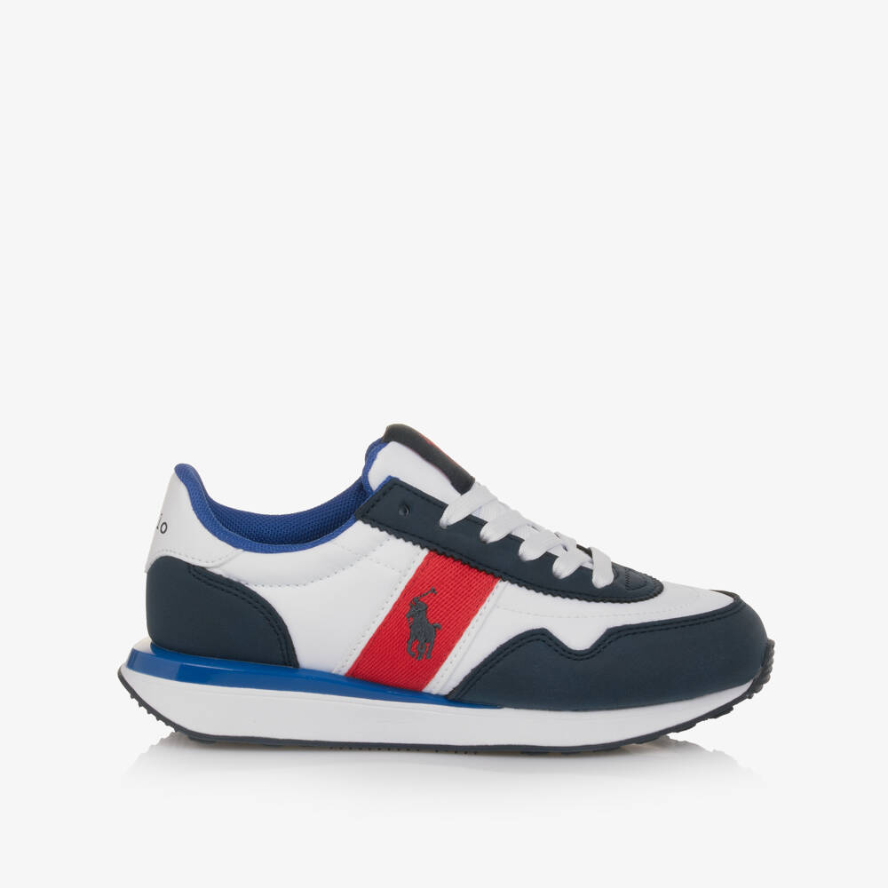 Ralph Lauren-Boys Blue & White Lace Up Trainers with Pony Logos | Childrensalon