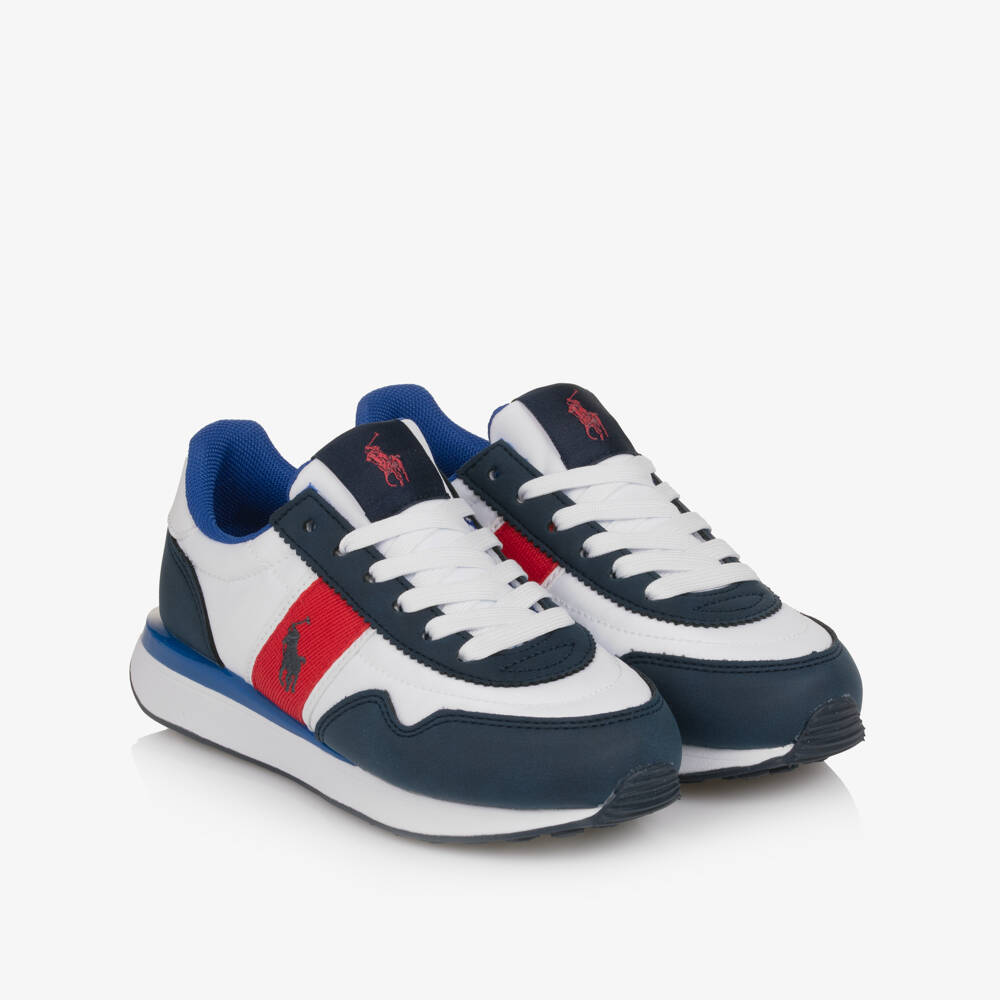 Ralph Lauren-Boys Blue & White Lace Up Trainers with Pony Logos | Childrensalon