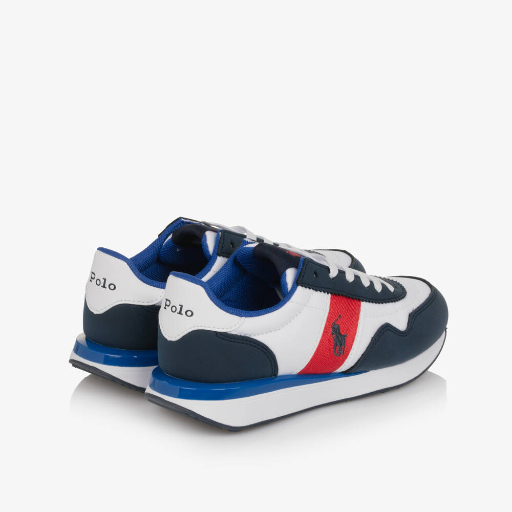 Ralph Lauren-Boys Blue & White Lace Up Trainers with Pony Logos | Childrensalon