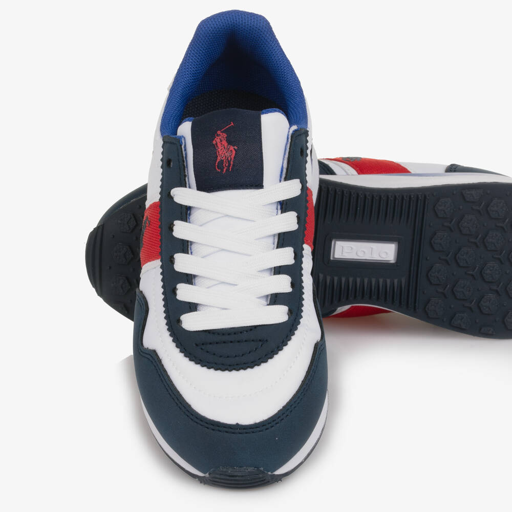 Ralph Lauren-Boys Blue & White Lace Up Trainers with Pony Logos | Childrensalon