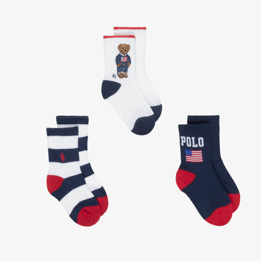 Ralph Lauren-Boys Blue & White Logo Socks (3 Pack) | Childrensalon
