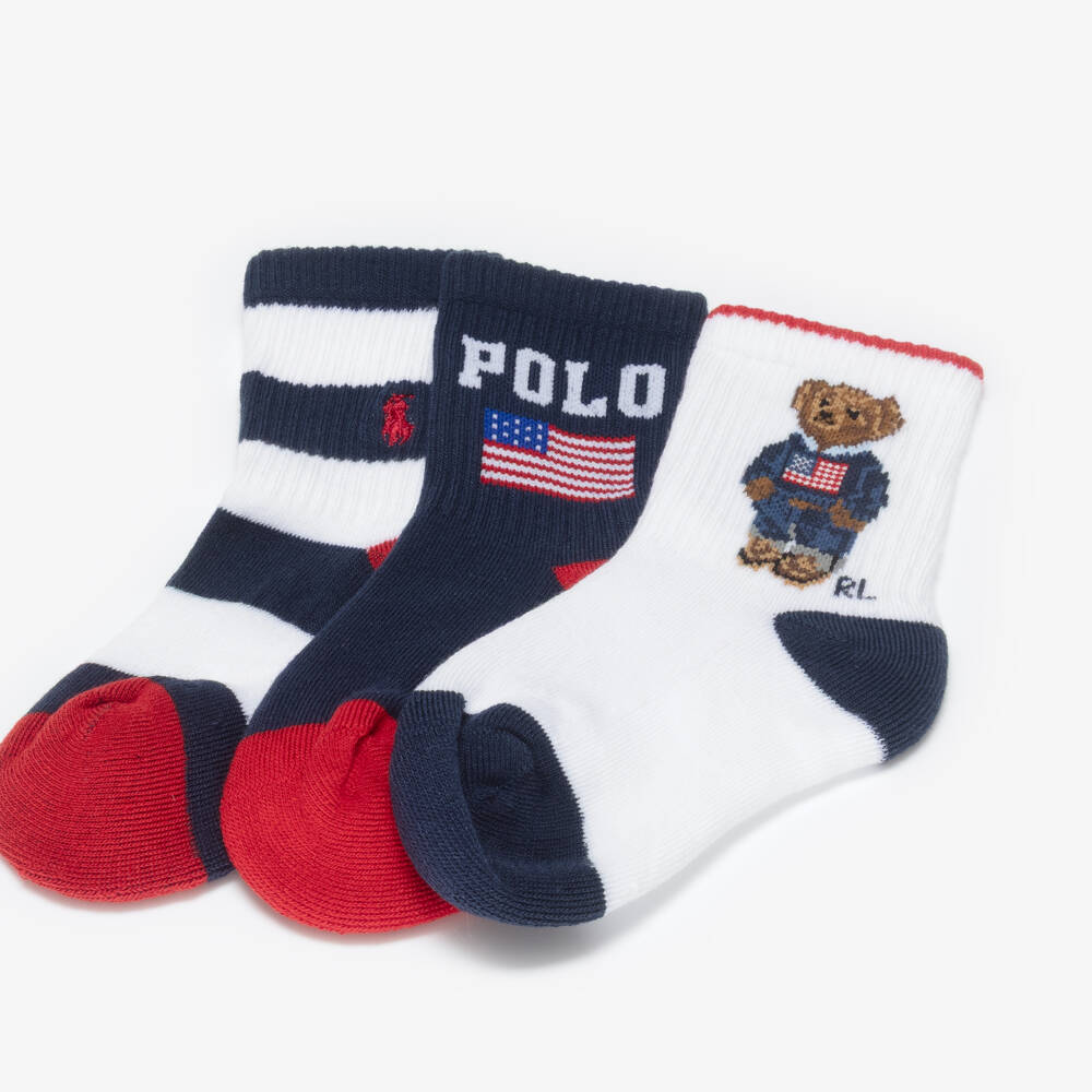 Ralph Lauren-Boys Blue & White Logo Socks (3 Pack) | Childrensalon
