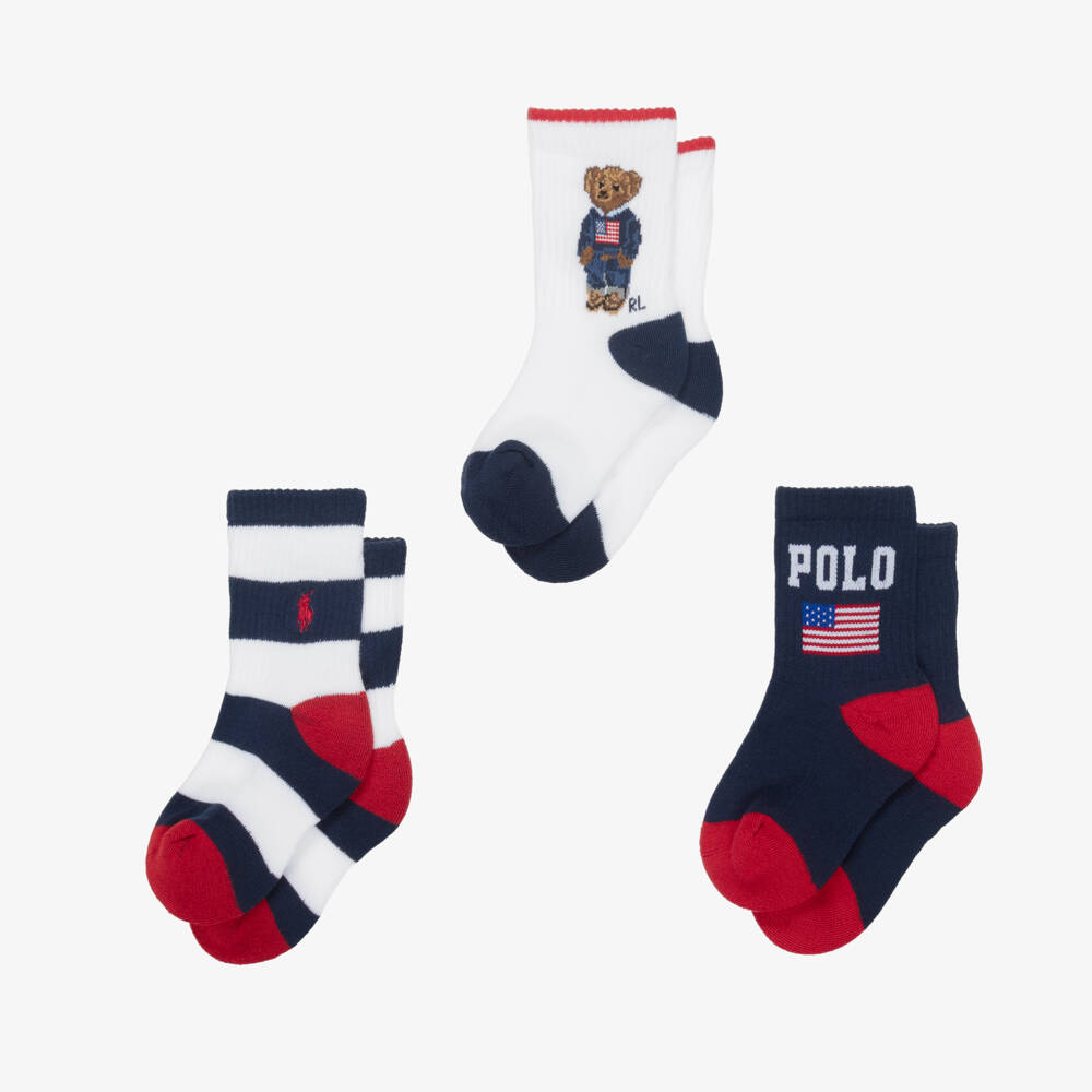 Ralph Lauren-Boys Blue & White Logo Socks (3 Pack) | Childrensalon