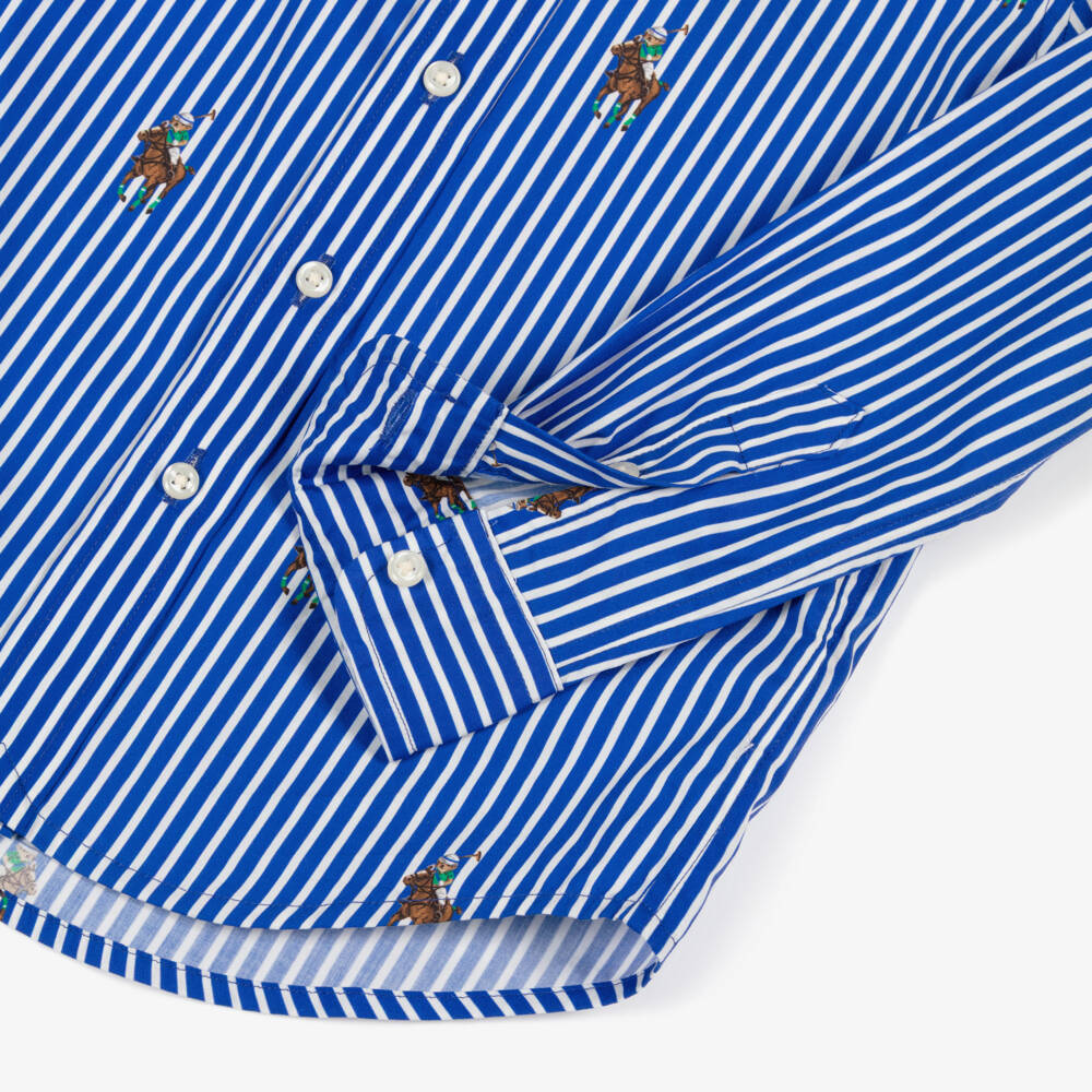 Ralph Lauren-Boys Blue & White Stripe Cotton Shirt with All Over Pony Logo | Childrensalon