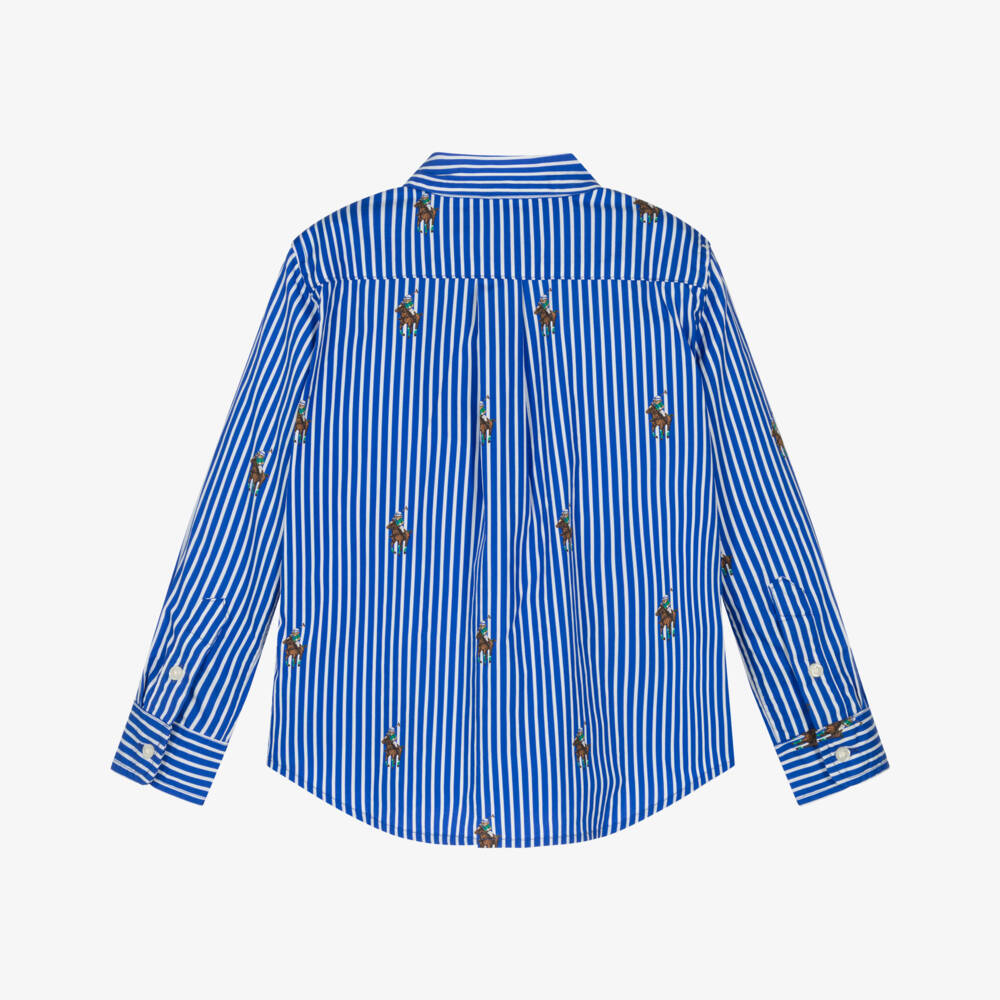 Ralph Lauren-Boys Blue & White Stripe Cotton Shirt with All Over Pony Logo | Childrensalon