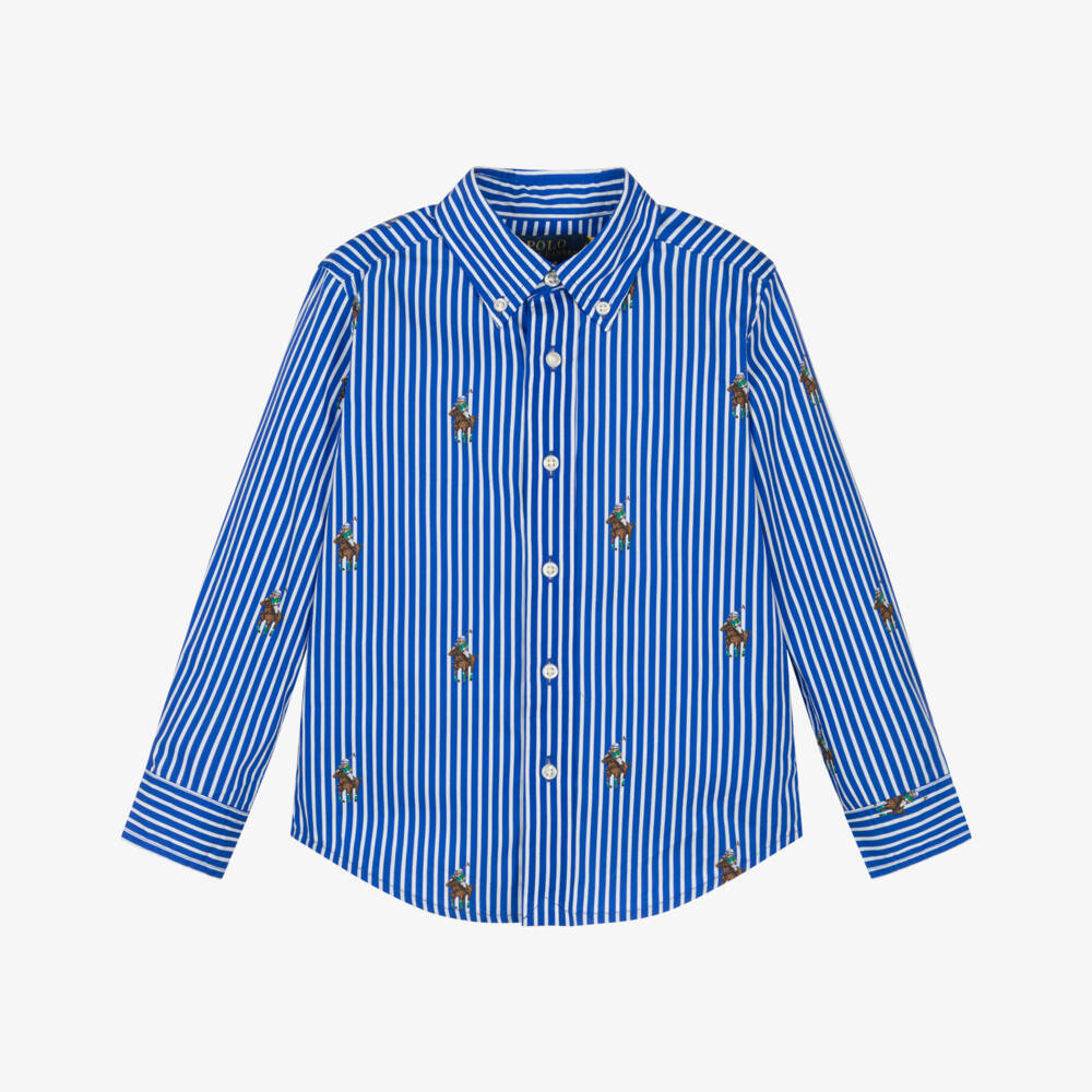 Ralph Lauren-Boys Blue & White Stripe Cotton Shirt with All Over Pony Logo | Childrensalon