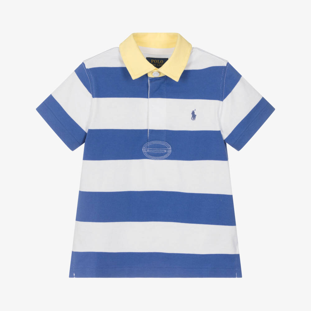 Ralph Lauren-تيشيرت رغبي مقلم لون أبيض وأزرق للأولاد | Childrensalon