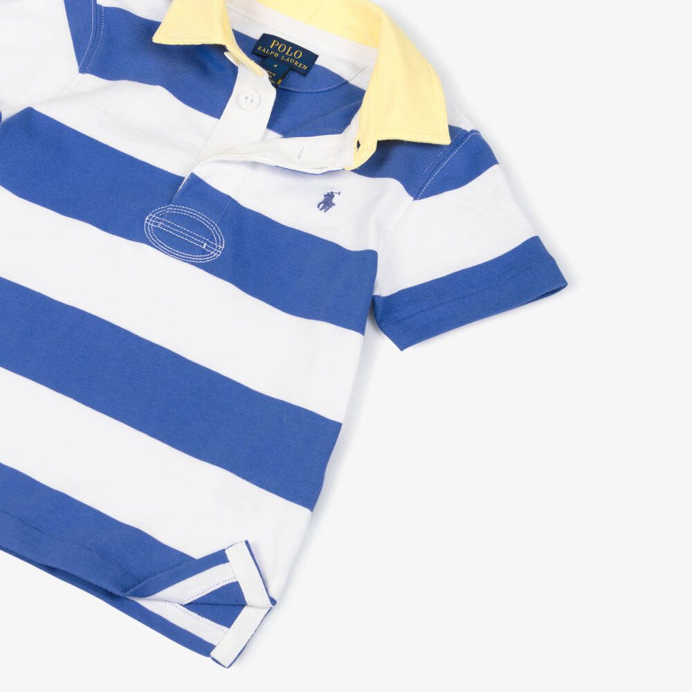 Ralph Lauren-تيشيرت رغبي مقلم لون أبيض وأزرق للأولاد | Childrensalon