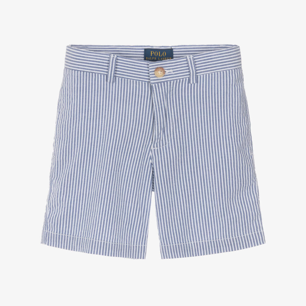 Ralph Lauren-Boys Blue & White Striped Seersucker Shorts | Childrensalon
