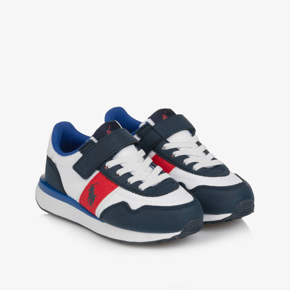 Ralph Lauren-Boys Blue & White Velcro Trainers with Pony Logos | Childrensalon