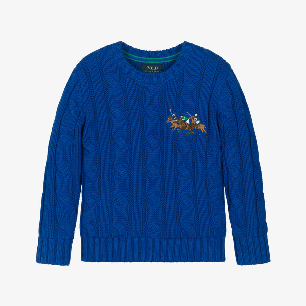 Ralph Lauren-Boys Bright Blue Cable Knit Sweater with Triple-Pony Logo | Childrensalon