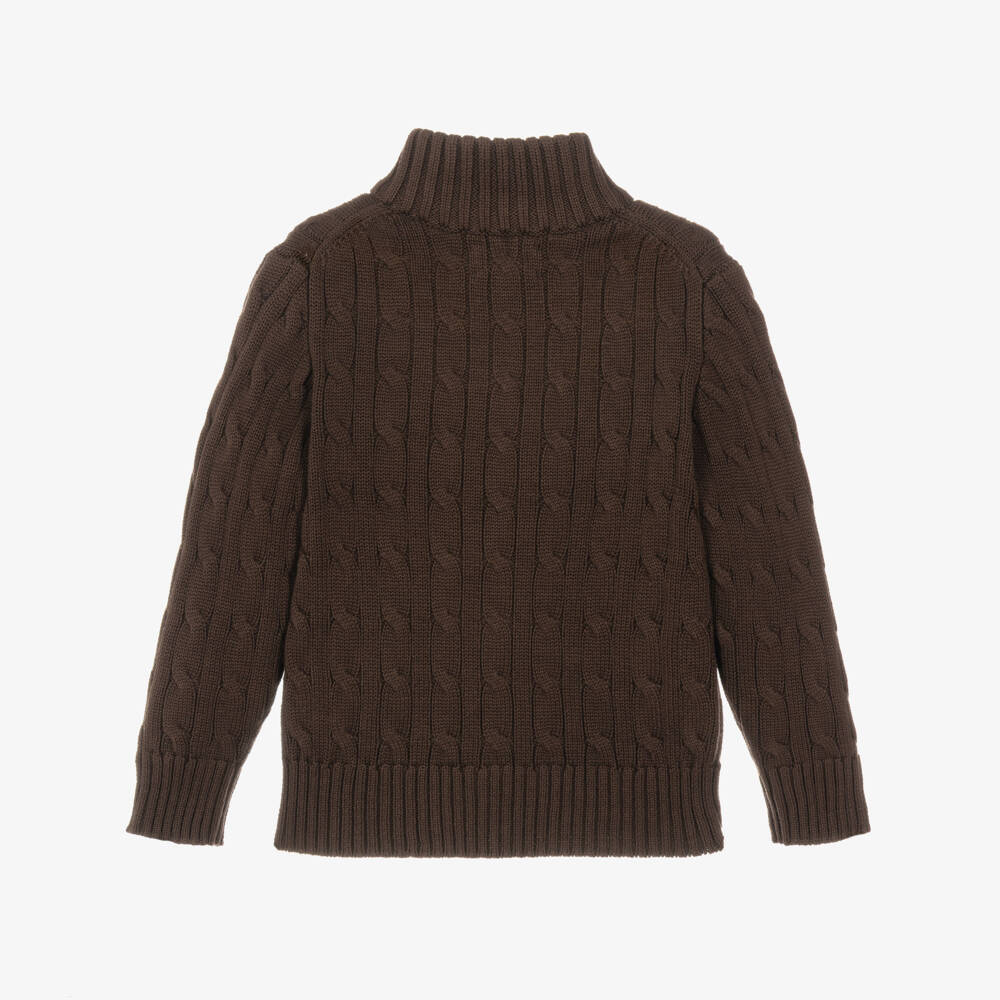 Ralph Lauren-Boys Brown Cable Knit Quarter-Zip Sweater | Childrensalon