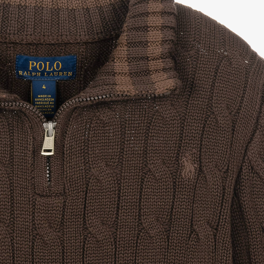 Ralph Lauren-Boys Brown Cable Knit Quarter-Zip Sweater | Childrensalon