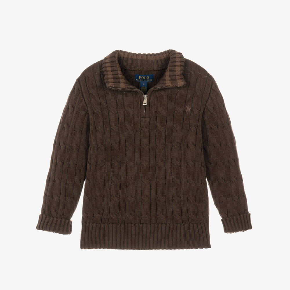 Ralph Lauren-Boys Brown Cable Knit Quarter-Zip Sweater | Childrensalon