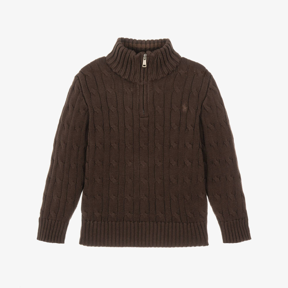 Ralph Lauren-Boys Brown Cable Knit Quarter-Zip Sweater | Childrensalon