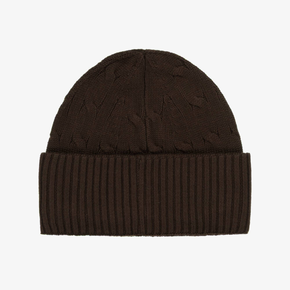 Ralph Lauren-Boys Brown Cotton Cable Knit Beanie Hat with Pony Logo | Childrensalon
