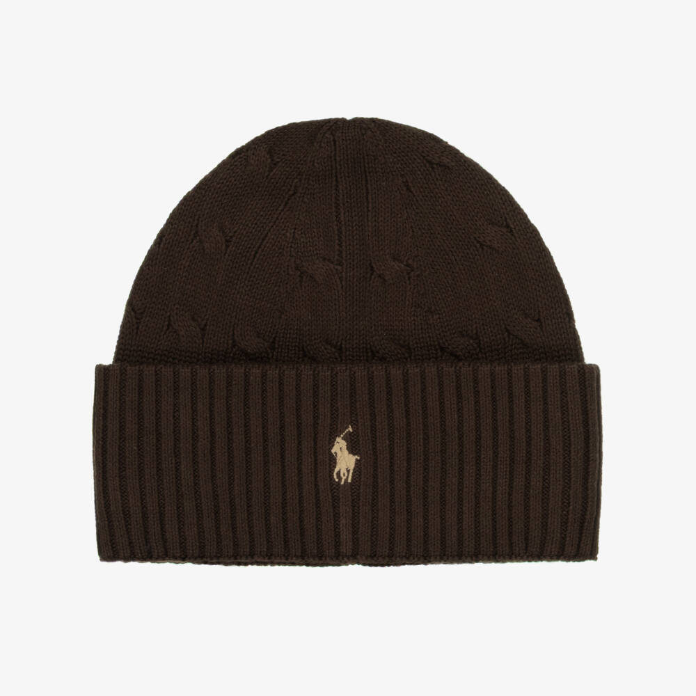 Ralph Lauren-Boys Brown Cotton Cable Knit Beanie Hat with Pony Logo | Childrensalon