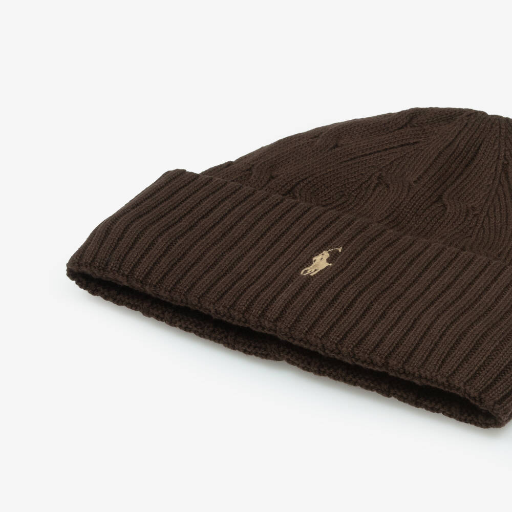 Ralph Lauren-Boys Brown Cotton Cable Knit Beanie Hat with Pony Logo | Childrensalon