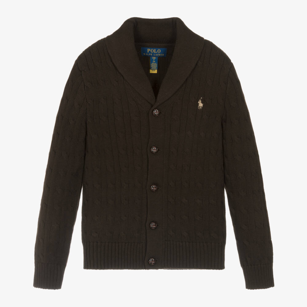 Ralph Lauren-Boys Brown Cotton Cable Knit Cardigan | Childrensalon