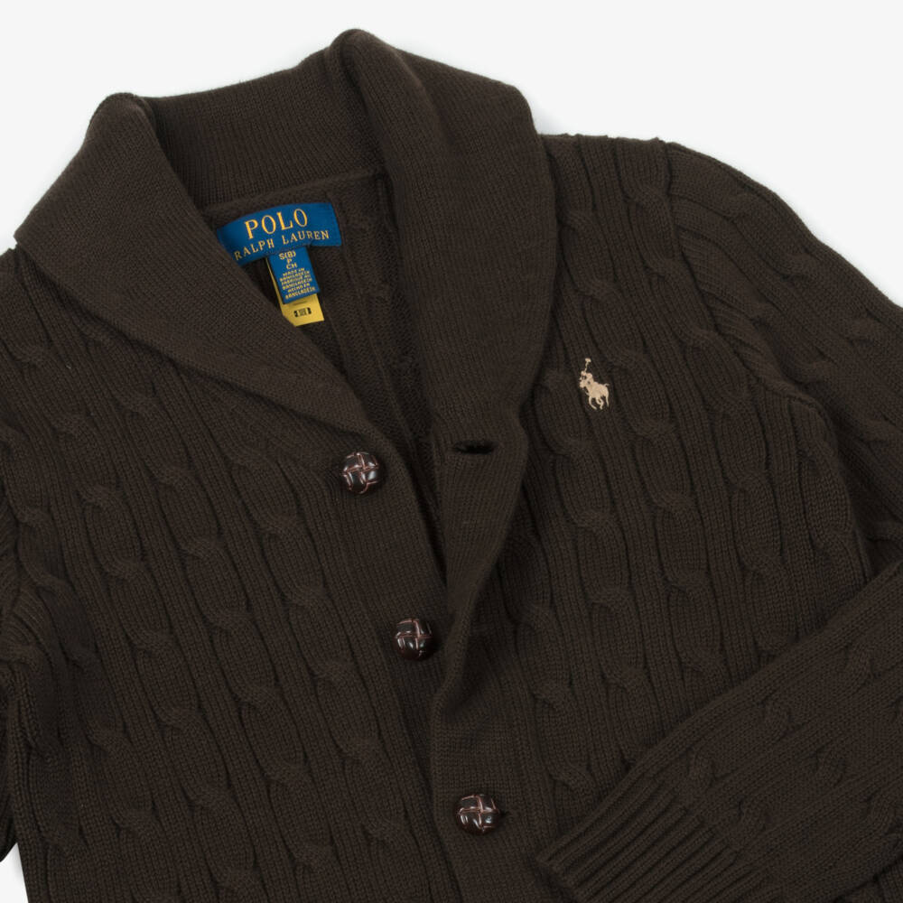 Ralph Lauren-Boys Brown Cotton Cable Knit Cardigan | Childrensalon