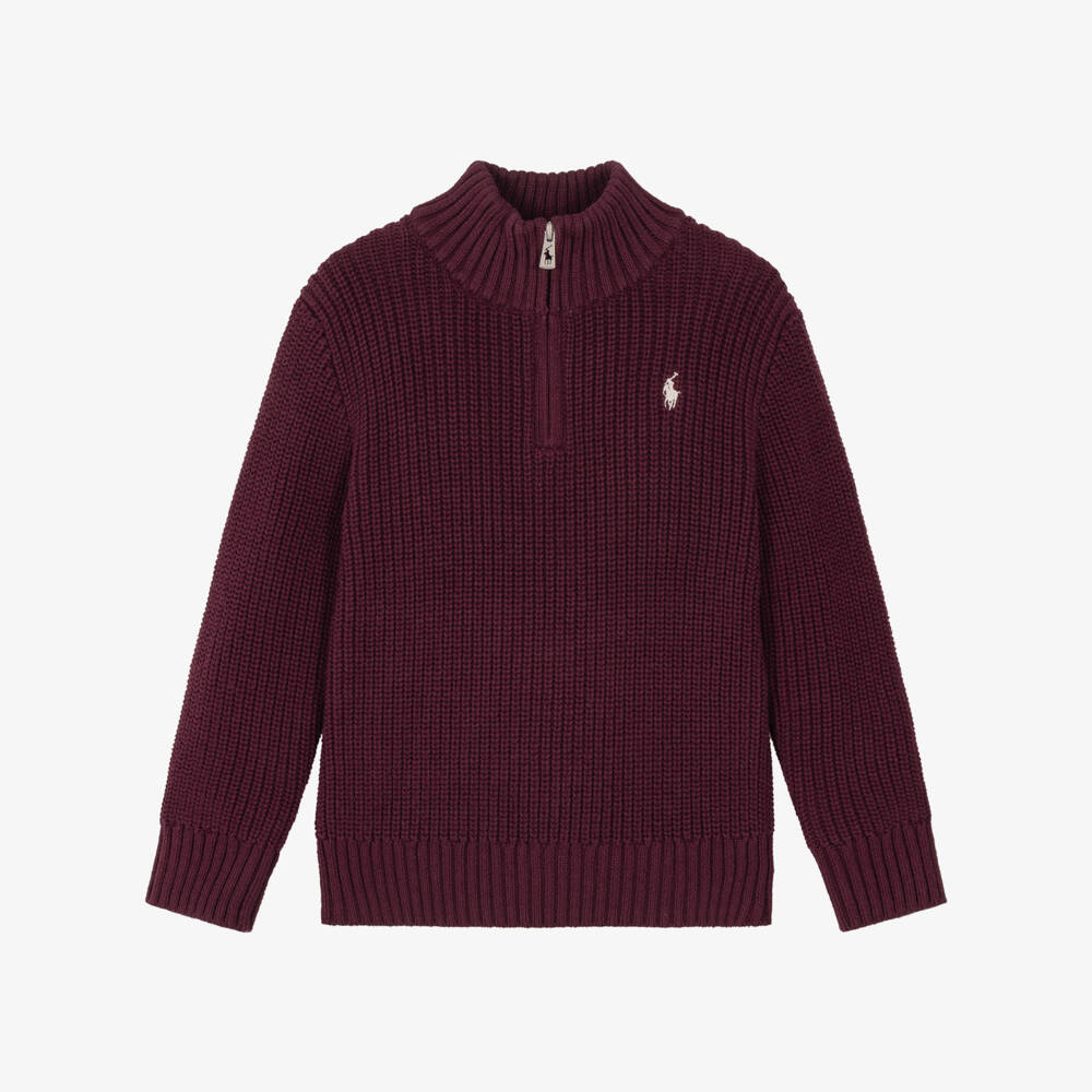 Ralph Lauren-Boys Burgundy Knit Quarter-Zip Sweater | Childrensalon