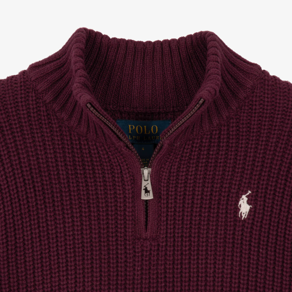 Ralph Lauren-Boys Burgundy Knit Quarter-Zip Sweater | Childrensalon