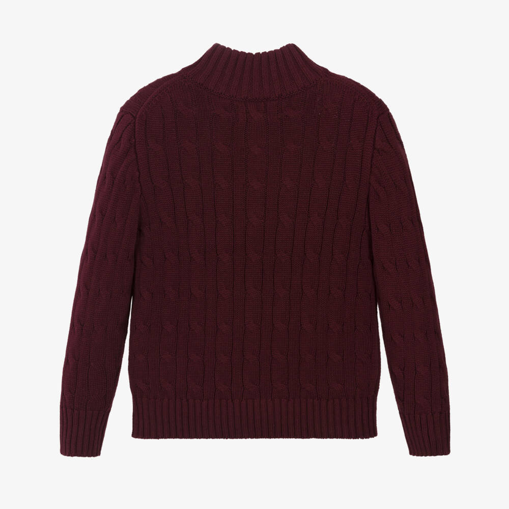 Ralph Lauren-Boys Burgundy Red Cable Knit Quarter-Zip Sweater | Childrensalon