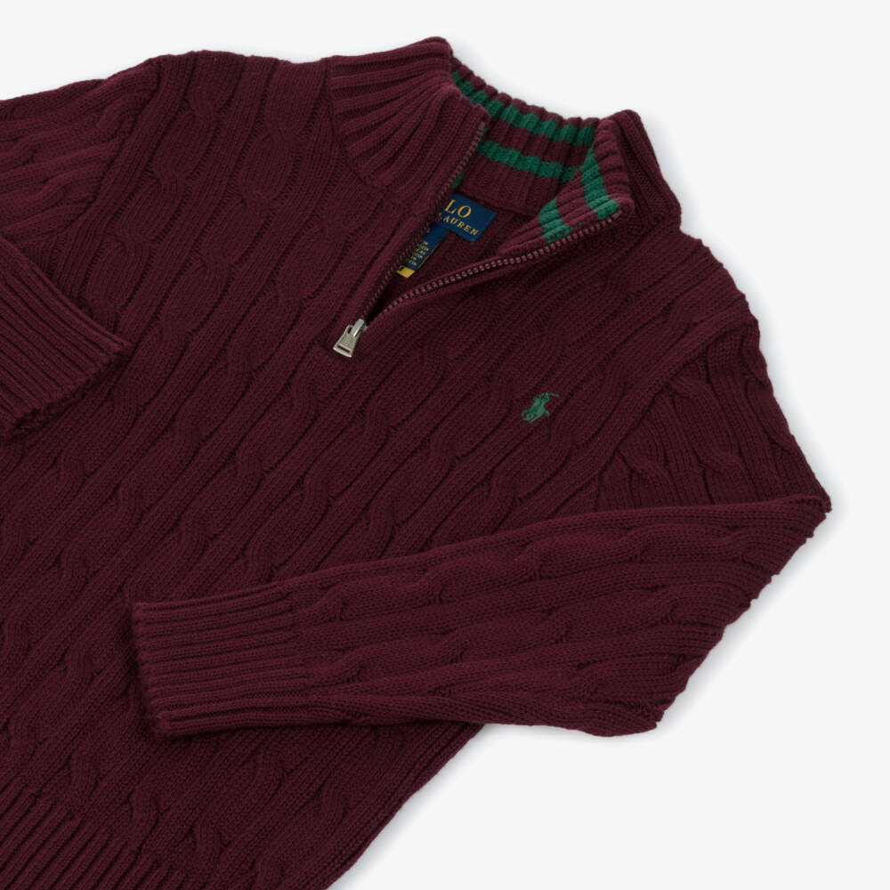 Ralph Lauren-Boys Burgundy Red Cable Knit Quarter-Zip Sweater | Childrensalon