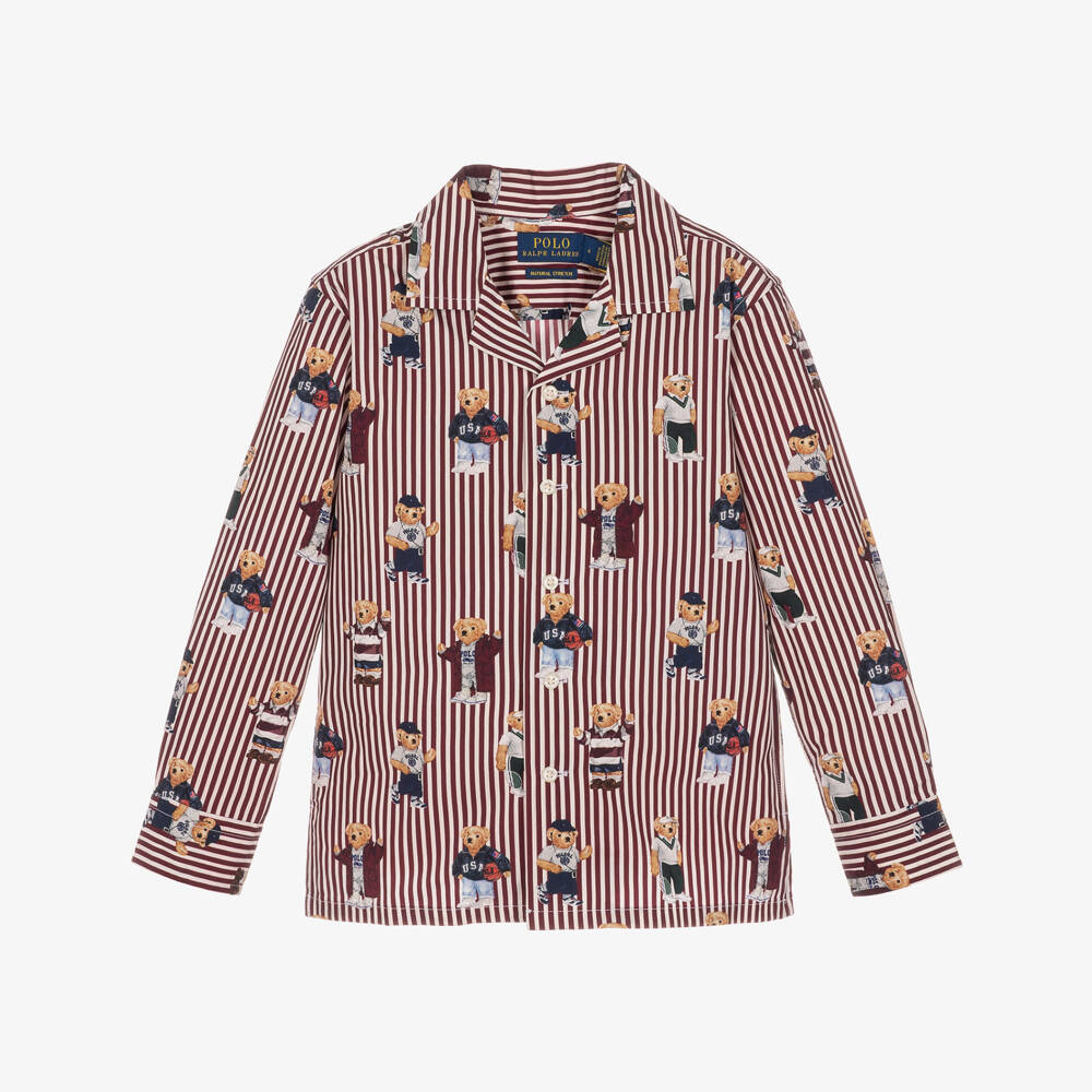Ralph Lauren-Boys Burgundy Striped Cotton Shirt with Polo Bear Prints | Childrensalon