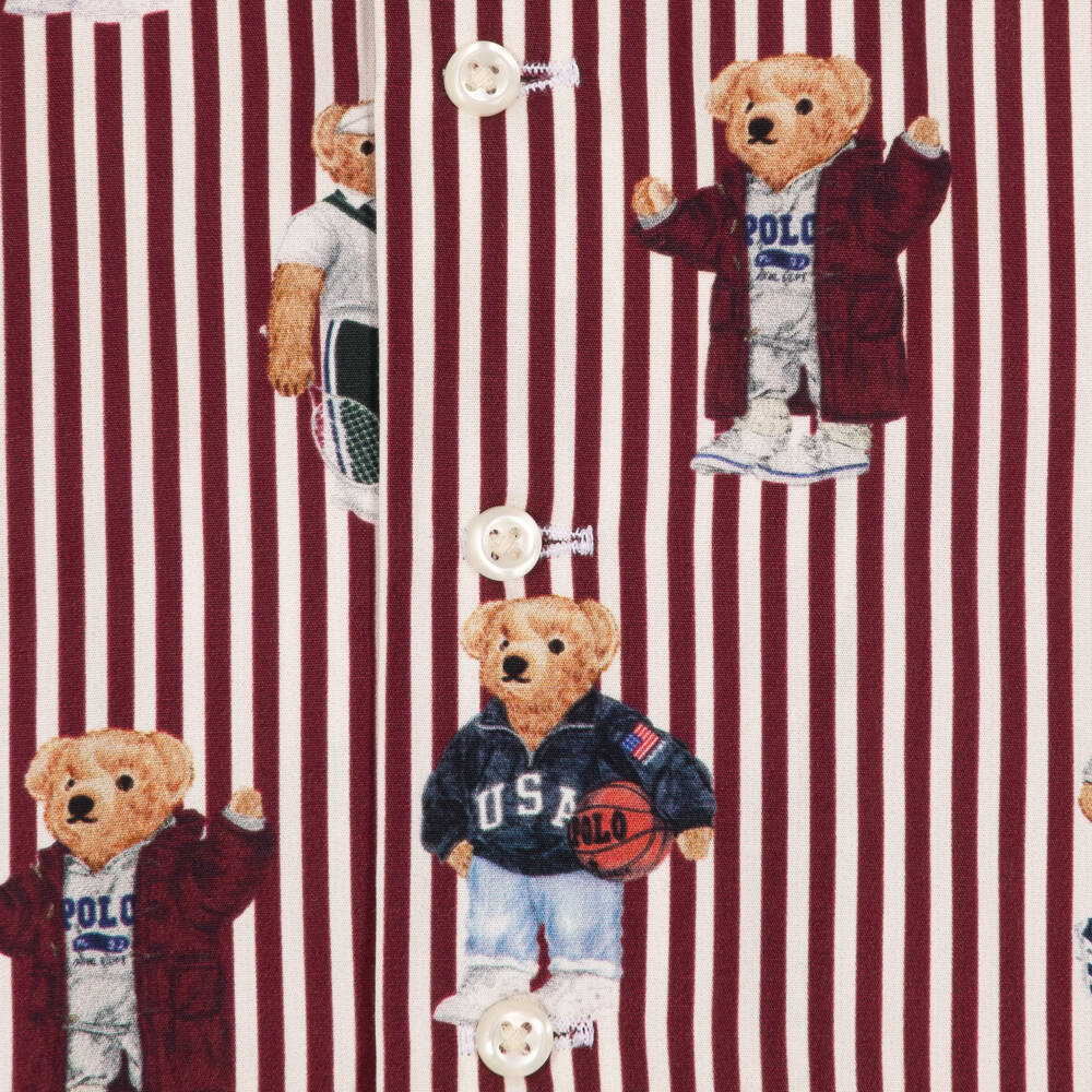 Ralph Lauren-Boys Burgundy Striped Cotton Shirt with Polo Bear Prints | Childrensalon