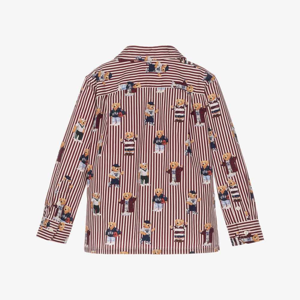 Ralph Lauren-Boys Burgundy Striped Cotton Shirt with Polo Bear Prints | Childrensalon