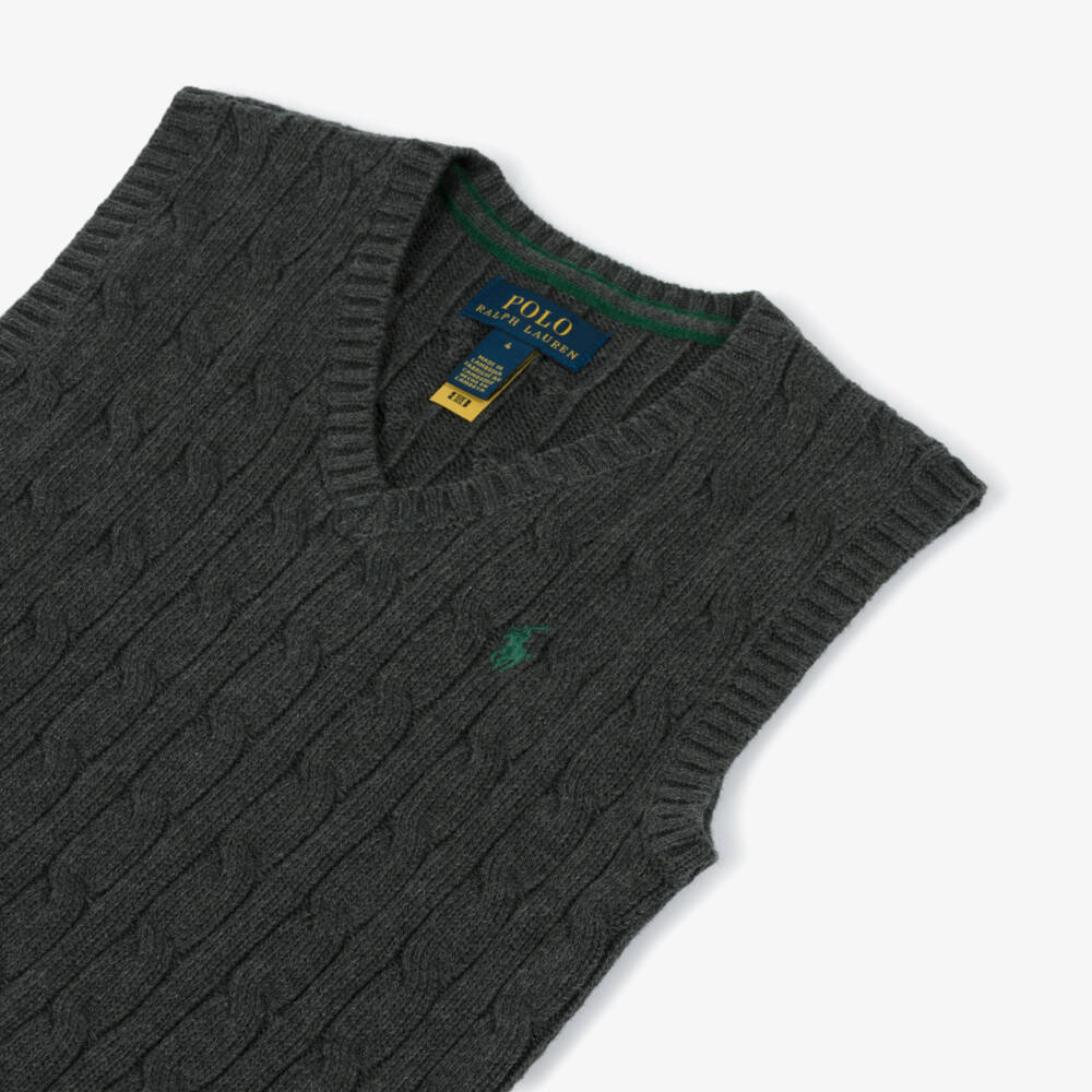 Ralph Lauren-بلوفر بدون أكمام محبوك بغرزة الضفيرة لون رمادي فحمي للأولاد | Childrensalon