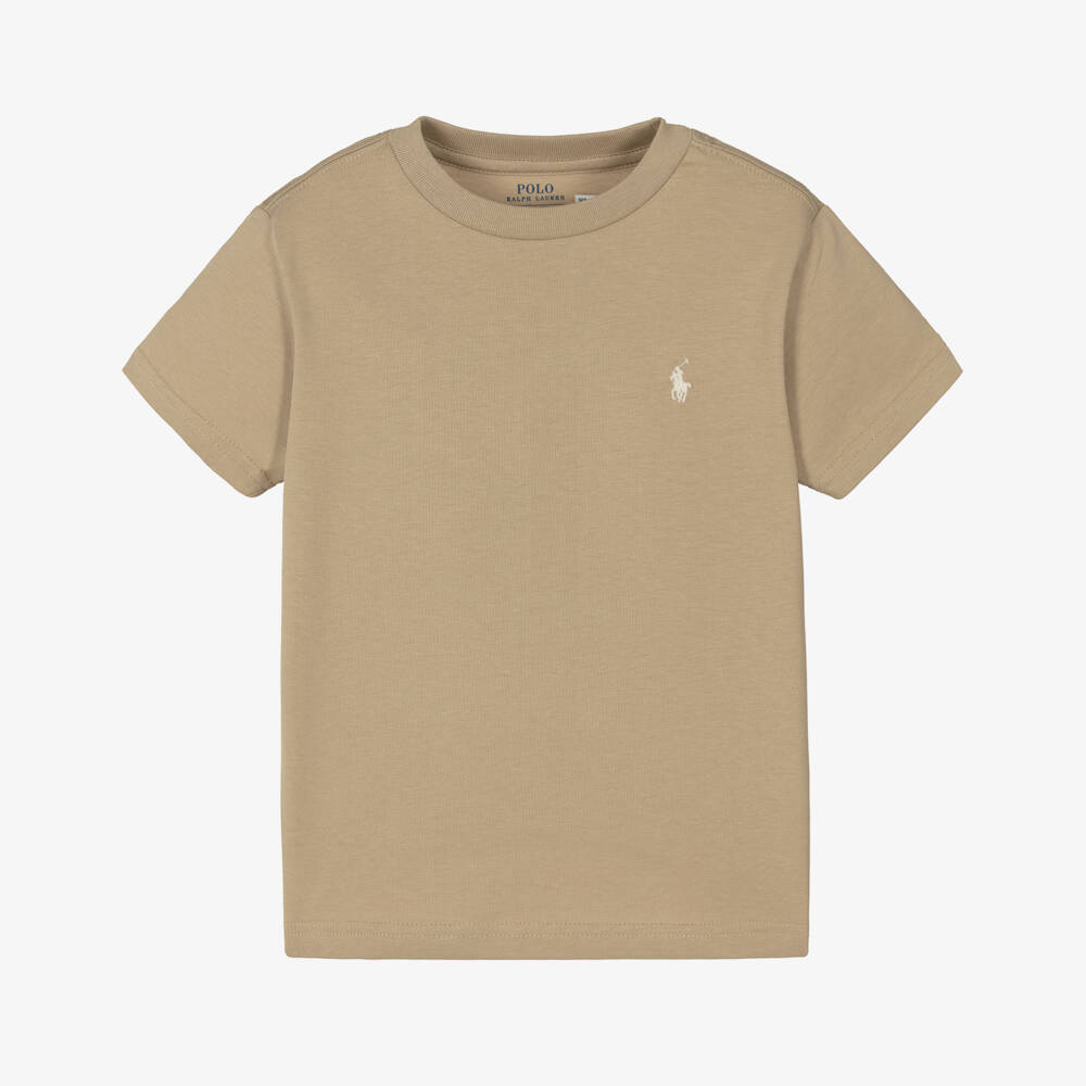 Ralph Lauren-Boys Dark Beige Cotton T-Shirt with Pony Logo | Childrensalon
