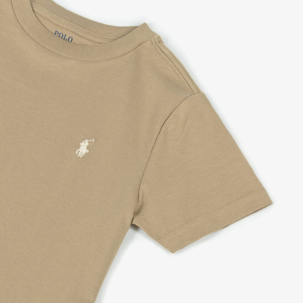 Ralph Lauren-Boys Dark Beige Cotton T-Shirt with Pony Logo | Childrensalon