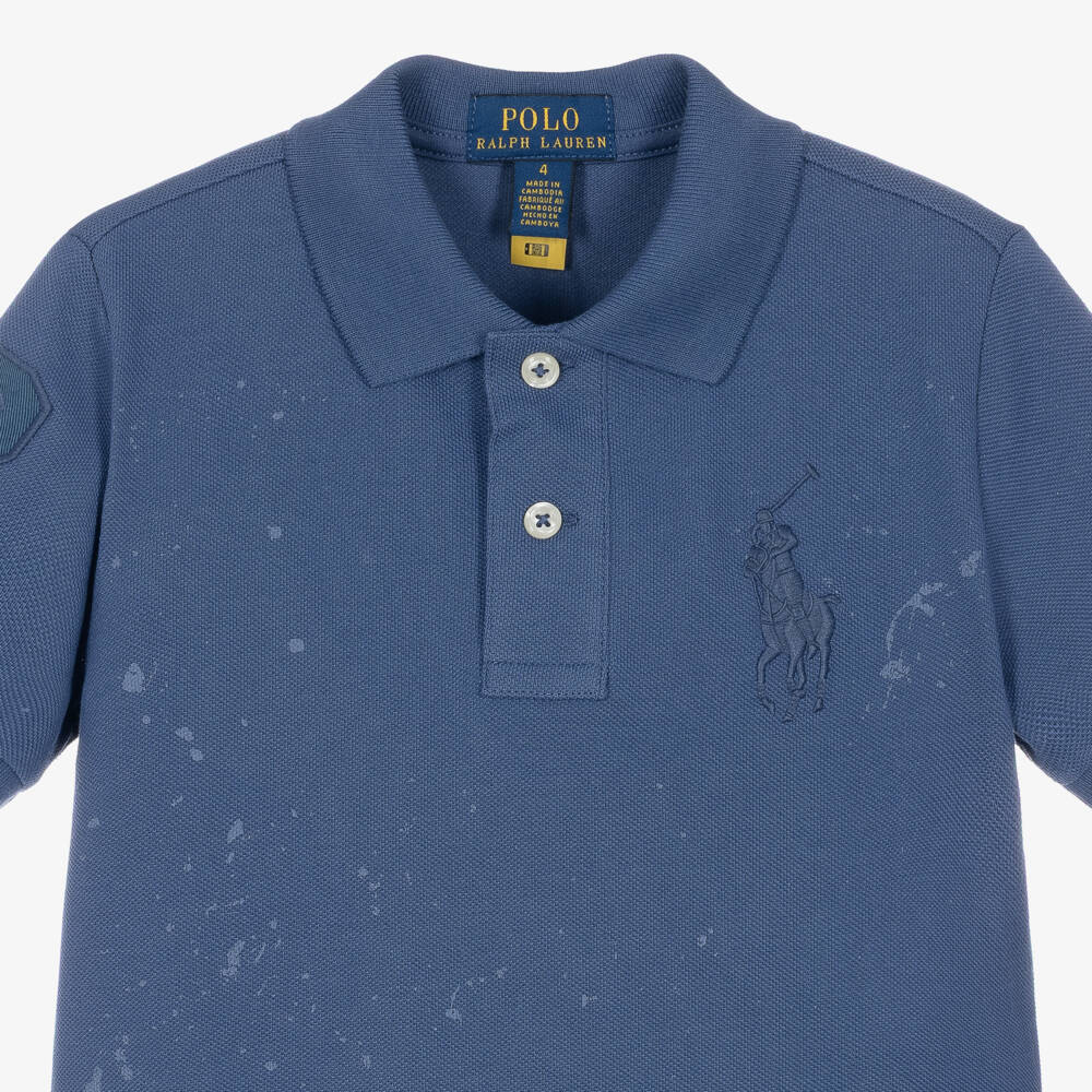 Ralph Lauren-Boys Dark Blue Big Pony Polo Shirt with Paint Splatter | Childrensalon