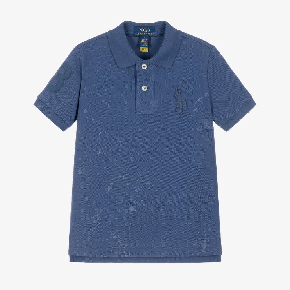 Ralph Lauren-Boys Dark Blue Big Pony Polo Shirt with Paint Splatter | Childrensalon