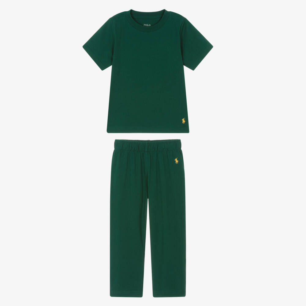 Ralph Lauren-Пижама из хлопка тёмно-зелёная с логотипом Пони для мальчиков | Childrensalon