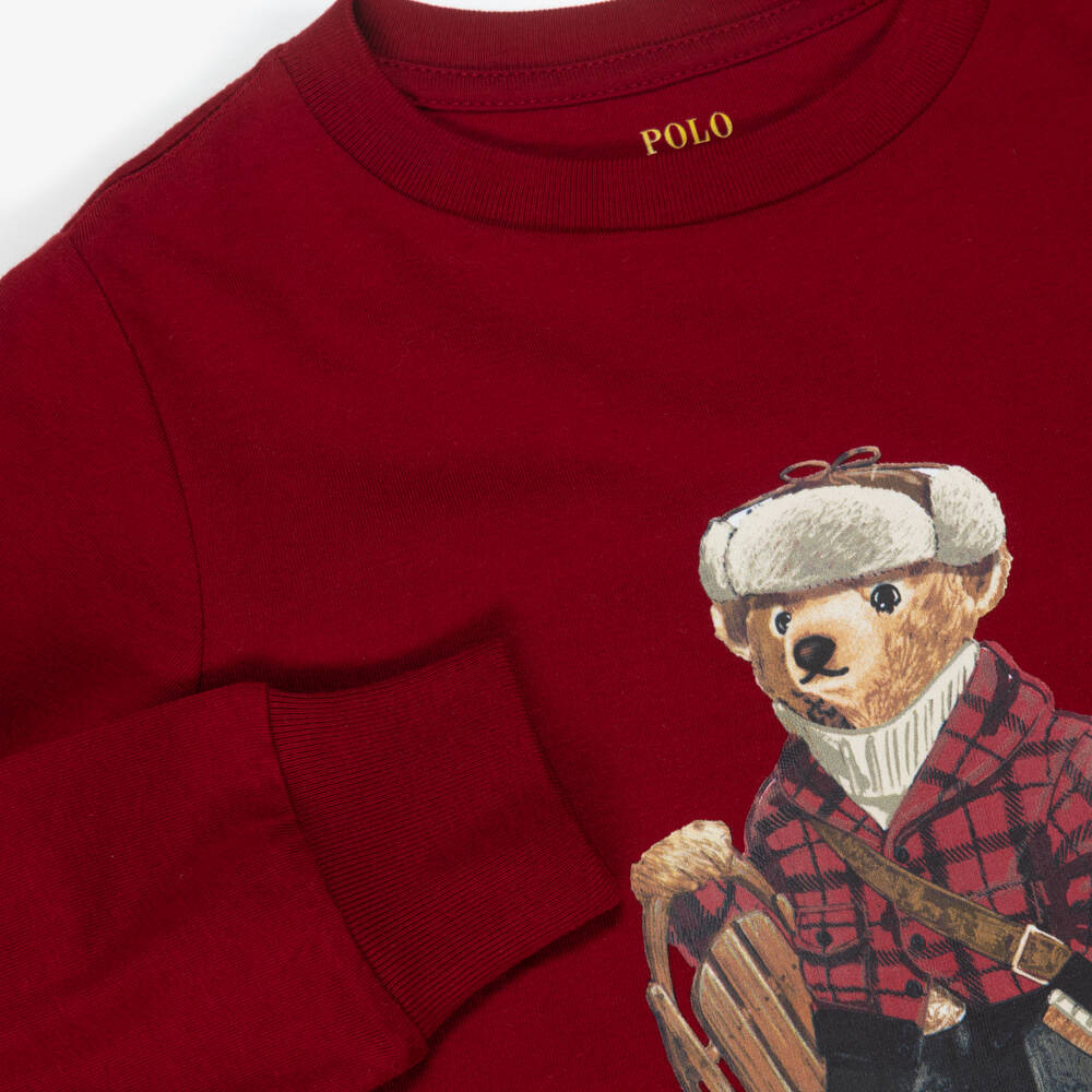 Ralph Lauren-Boys Dark Red Cotton Top with Polo Bear Print | Childrensalon