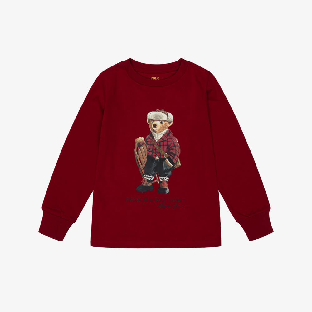 Ralph Lauren-Boys Dark Red Cotton Top with Polo Bear Print | Childrensalon