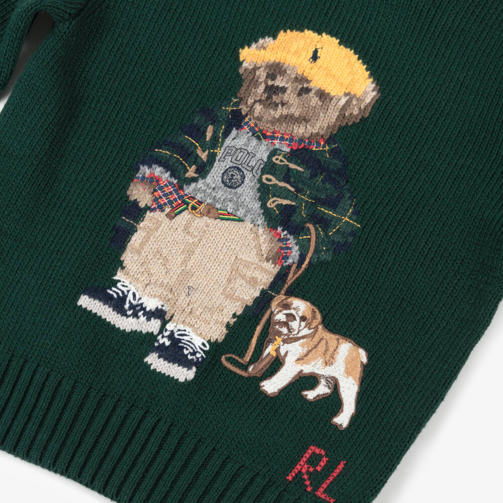 Ralph Lauren-Boys Forest Green Knitted Sweater with Polo Bear Motif | Childrensalon