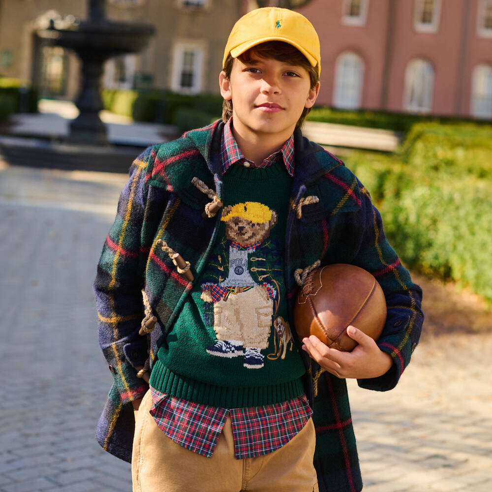 Ralph Lauren-Boys Forest Green Knitted Sweater with Polo Bear Motif | Childrensalon