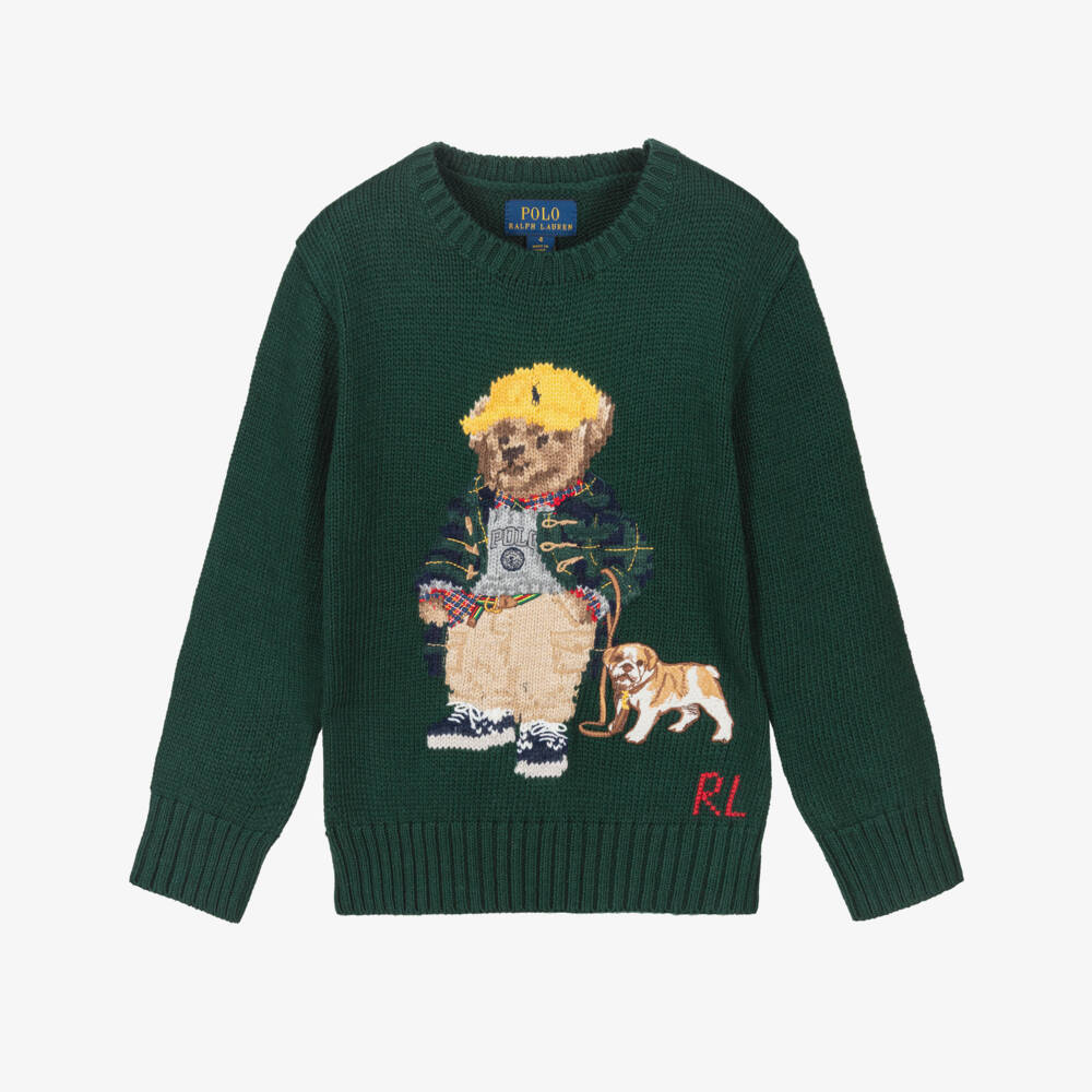 Ralph Lauren-Boys Forest Green Knitted Sweater with Polo Bear Motif | Childrensalon
