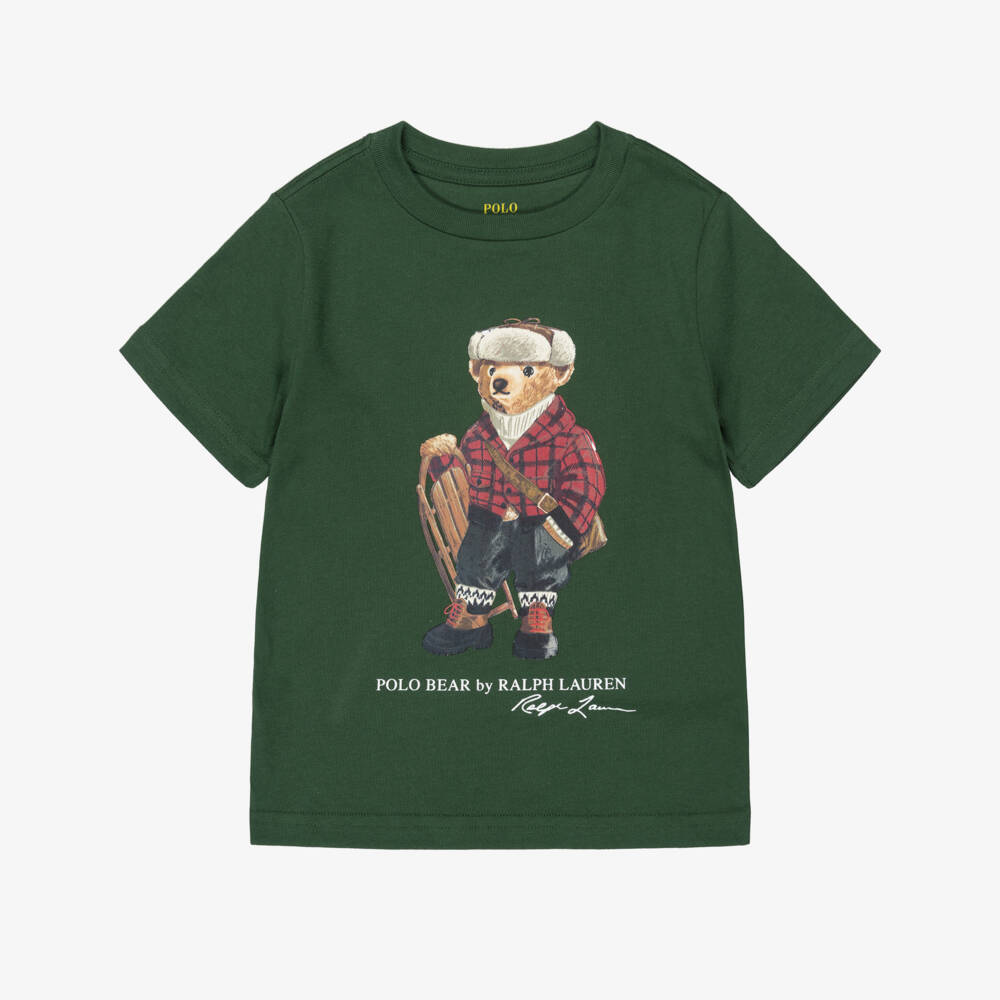 Ralph Lauren-Boys Forest Green T-Shirt with Polo Bear Print | Childrensalon