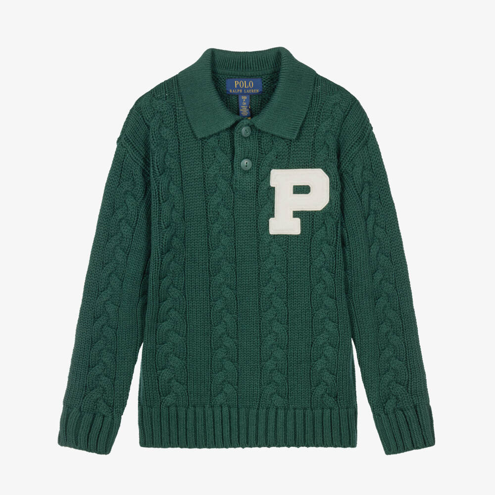 Ralph Lauren-Boys Green Cable-Knit Polo Sweater | Childrensalon