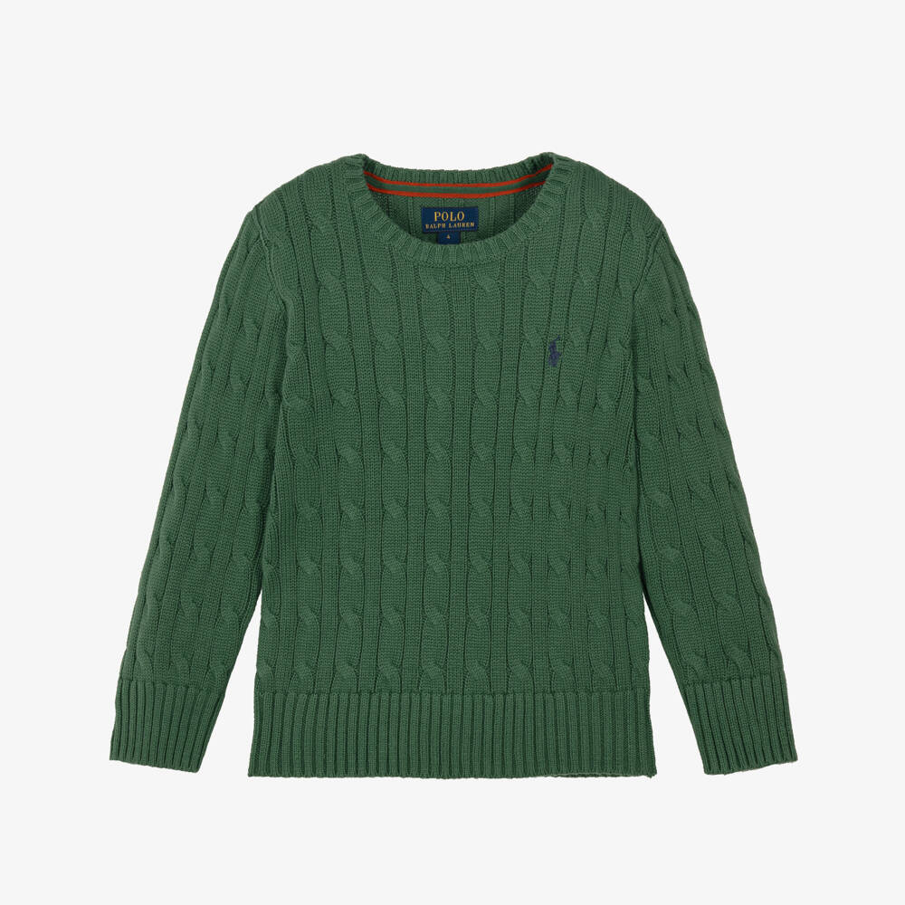Ralph Lauren-Boys Green Cable Knit Sweater with Crew Neck | Childrensalon