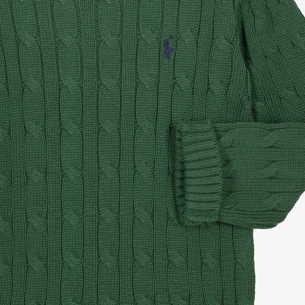Ralph Lauren-Boys Green Cable Knit Sweater with Crew Neck | Childrensalon